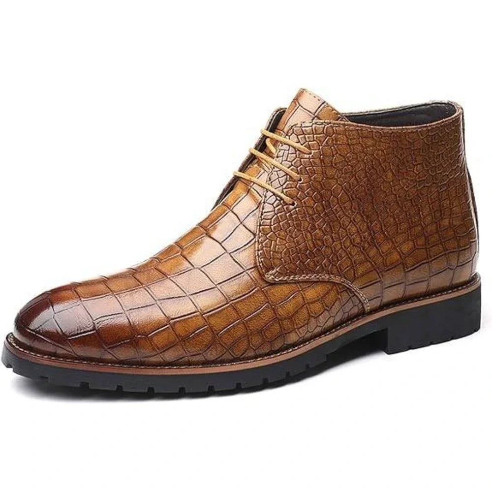 Santimon‎ Men's US 8.5 Tan Embossed Lace Up Pointed Toe Ankle Casual Boots